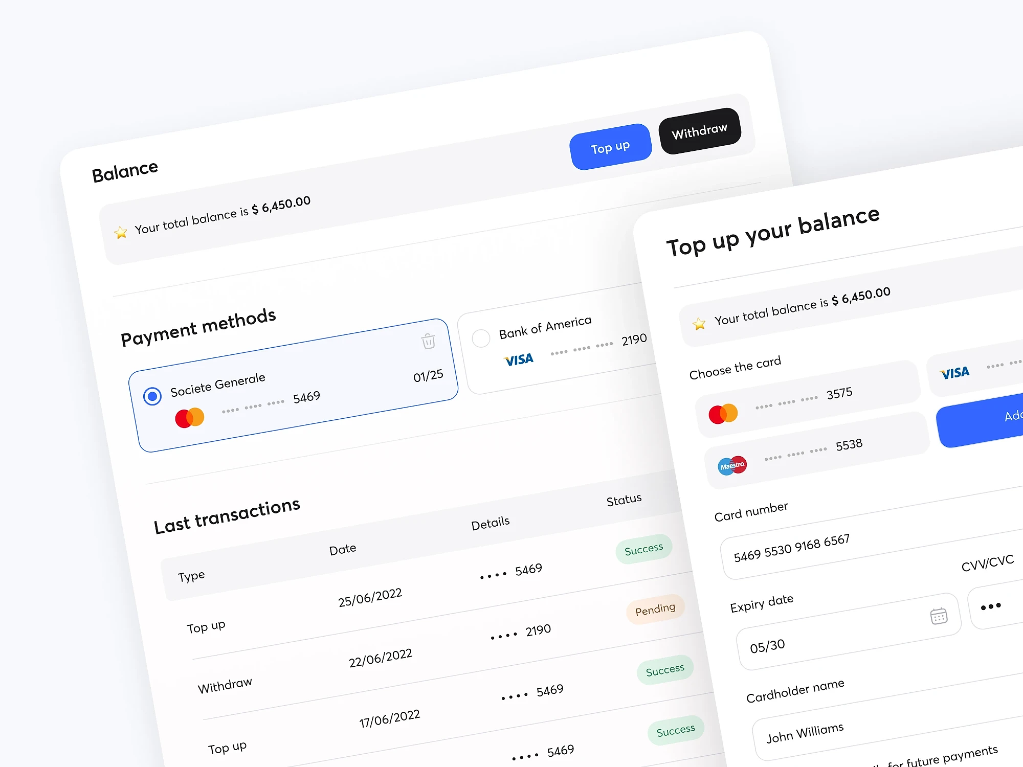 Balance screen with payment methods and last transactions, next to a top-up form.
